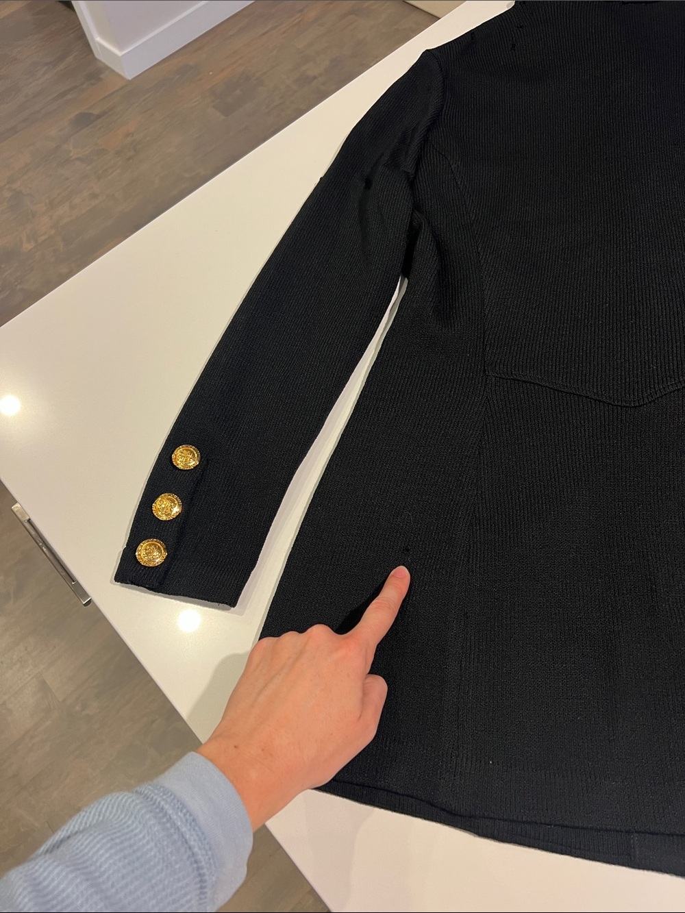 St. John Collection santana black knitted fit & flare jacket w/ gold buttons 12 - Picture 10 of 11